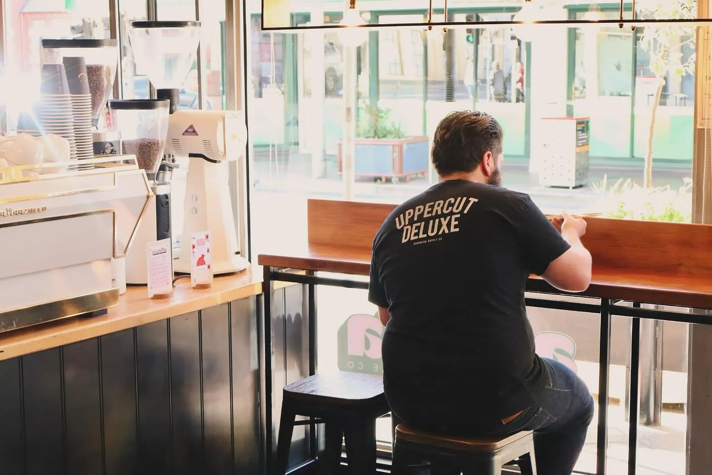 Customer enjoying morning light at the window bar inside Amelia Coffee Co.